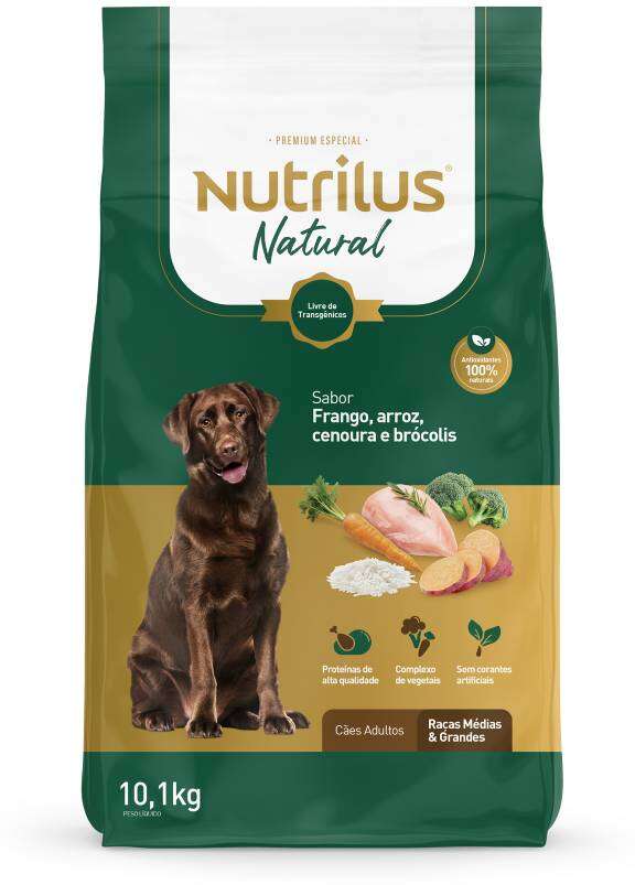 Ração Seca Nutrilus Natural Frango e Arroz para Cães Adultos Raças Médias e Grandes - 10,1Kg