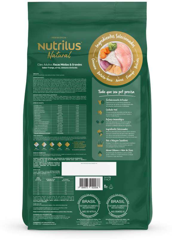 Ração Seca Nutrilus Natural Frango e Arroz para Cães Adultos Raças Médias e Grandes - 10,1Kg