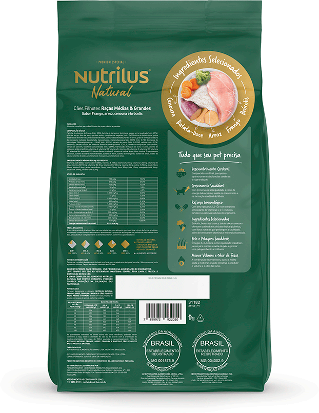 Ração Seca Nutrilus Natural Frango e Arroz para Cães Filhotes Raças Médias e Grandes - 10,1Kg