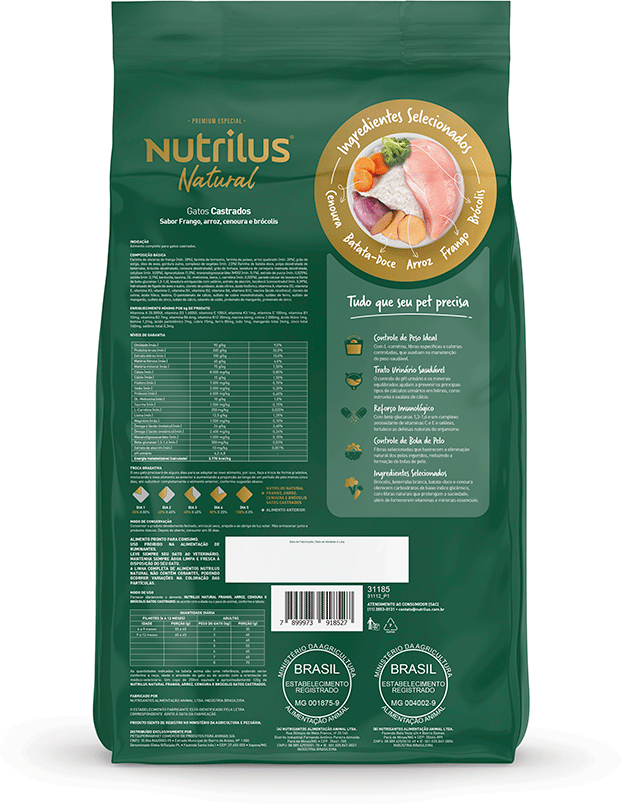 Ração Seca Nutrilus Natural Sabor Frango e Arroz para Gatos Adultos Castrados - 10,1Kg