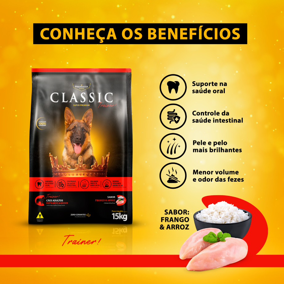 Ração Premiatta Classic Trainer para Cães Adultos de Porte Médio - 15Kg