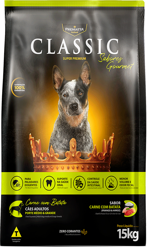 Ração Premiatta Classic Adultos Sabor Carne com Batata Raças Porte Médio e Grande - 15Kg