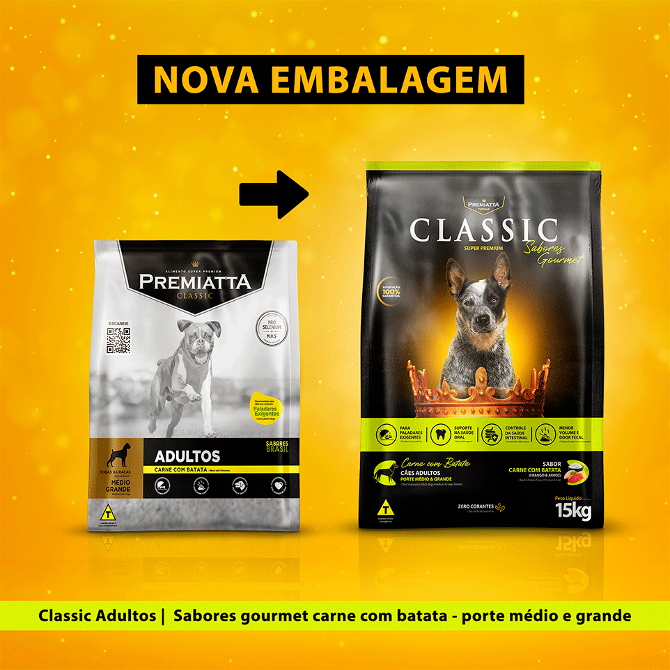 Ração Premiatta Classic Adultos Sabor Carne com Batata Raças Porte Médio e Grande - 15Kg