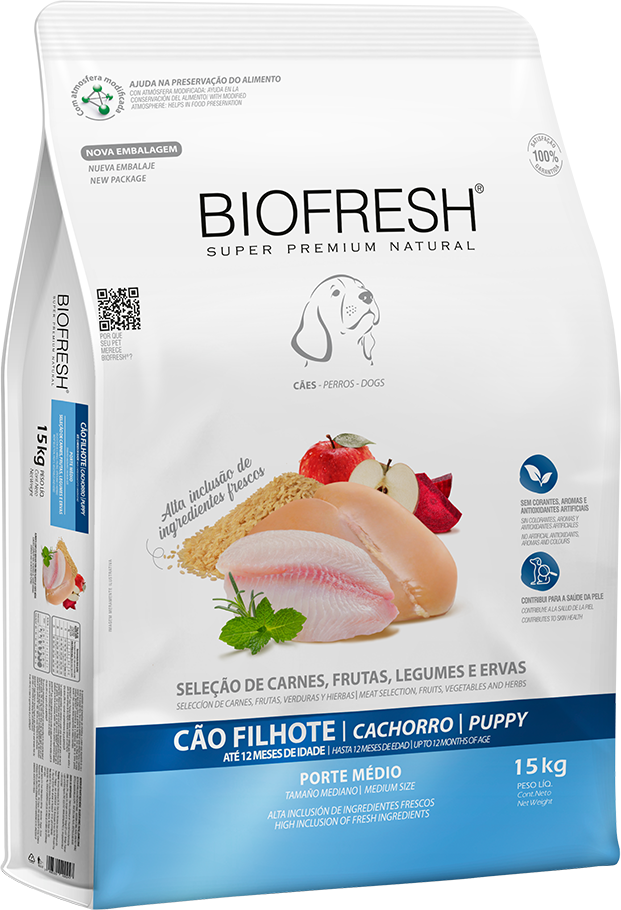 Ração Seca Biofresh Mix de Carne, Frutas, Legumes e Ervas Frescas Cães Filhotes de Raças Médias - 15Kg
