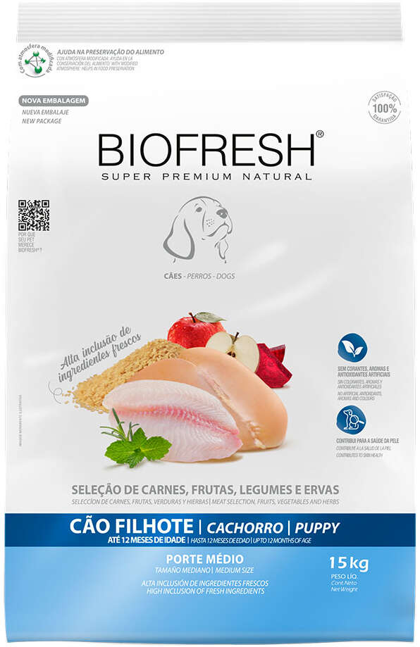 Ração Seca Biofresh Mix de Carne, Frutas, Legumes e Ervas Frescas Cães Filhotes de Raças Médias - 15Kg