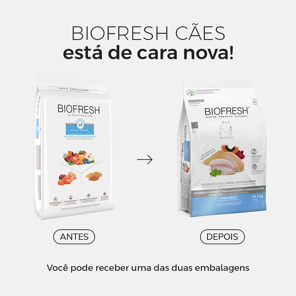 Ração Seca Biofresh Mix de Carne, Frutas, Legumes e Ervas Frescas Cães Castrados de Raças Médias - 10,1Kg
