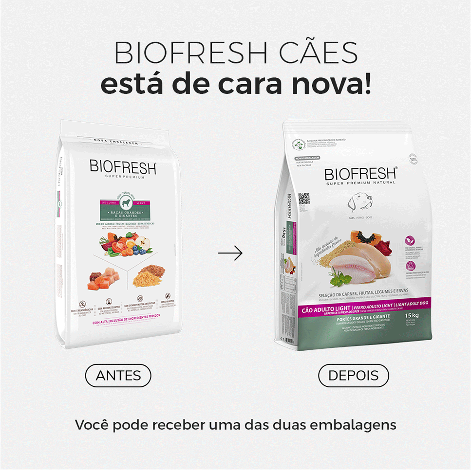 Ração Seca Biofresh Mix de Carne, Frutas, Legumes e Ervas Frescas Light Cães de Raças Grandes e Gigantes - 15Kg