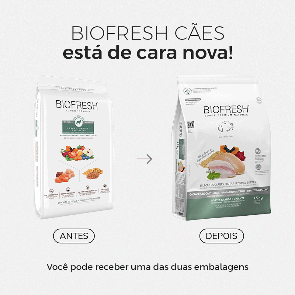 Ração Seca Biofresh Mix de Carne, Frutas, Legumes e Ervas Frescas Cães Castrados de Raças Grandes e Gigantes - 15Kg