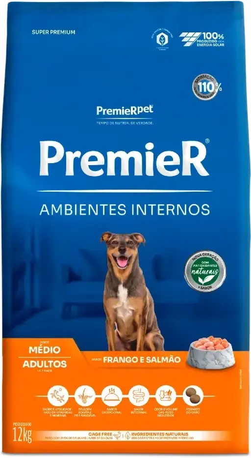 Ração Premier Pet Ambientes Internos Frango e Salmão para Cães Adultos Médio Porte - 12Kg