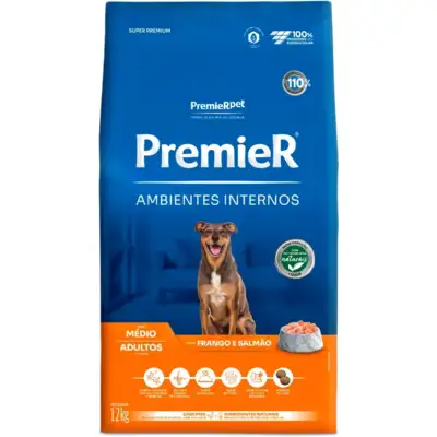 Ração Premier Pet Ambientes Internos Frango e Salmão para Cães Adultos Médio Porte