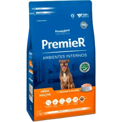 Ração Premier Pet Ambientes Internos Frango e Salmão para Cães Adultos Médio Porte