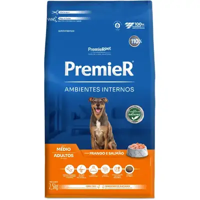 Ração Premier Pet Ambientes Internos Frango e Salmão para Cães Adultos Médio Porte