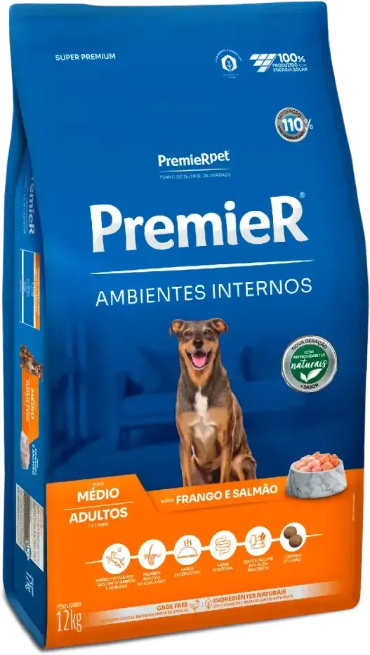 Ração Premier Pet Ambientes Internos Frango e Salmão para Cães Adultos Médio Porte - 12Kg