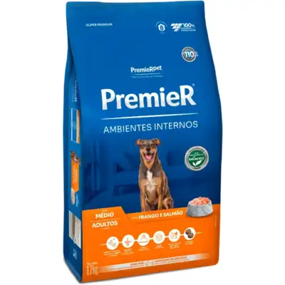 Ração Premier Pet Ambientes Internos Frango e Salmão para Cães Adultos Médio Porte