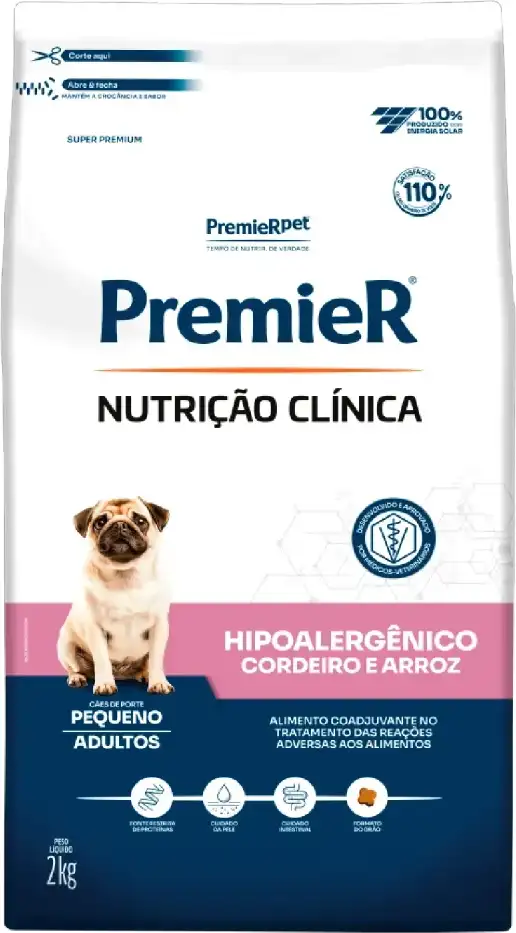 Ração Premier Nutrição Clínica Hipoalergênico Cordeiro e Arroz para Cães Adultos Pequeno Porte - 2Kg