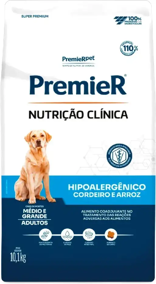Ração Premier Nutrição Clínica Hipoalergênico Cordeiro e Arroz para Cães Adultos Médio e Grande Porte - 10,1Kg
