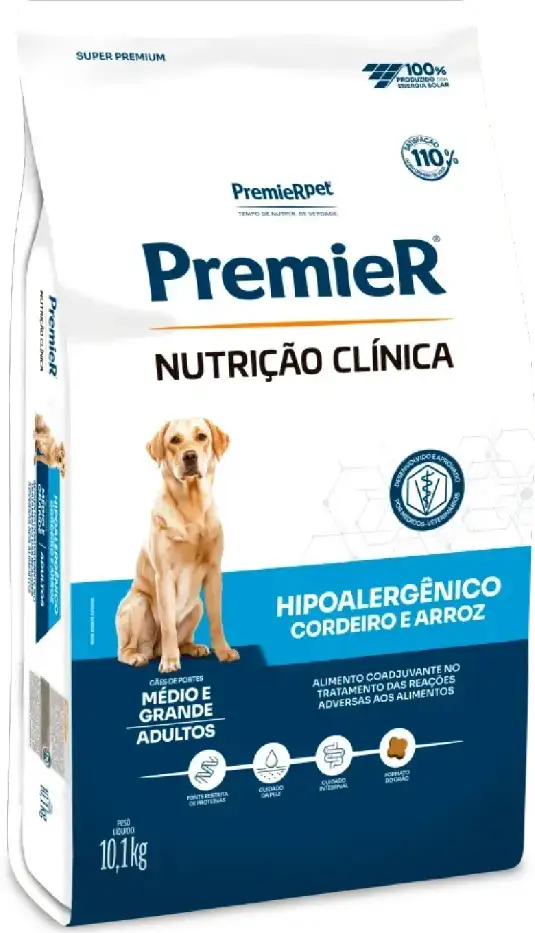 Ração Premier Nutrição Clínica Hipoalergênico Cordeiro e Arroz para Cães Adultos Médio e Grande Porte - 10,1Kg