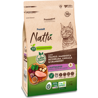 Ração Seca PremieR Nattú Mandioca para Gatos Castrados