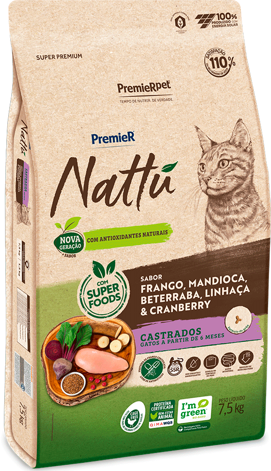 Ração Seca PremieR Nattú Mandioca para Gatos Castrados - 7,5Kg