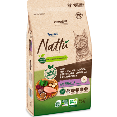 Ração Seca PremieR Nattú Mandioca para Gatos Castrados