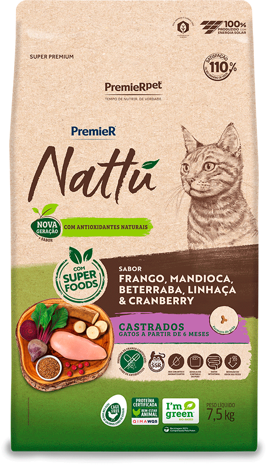 Ração Seca PremieR Nattú Mandioca para Gatos Castrados - 7,5Kg