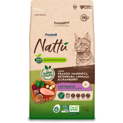 Ração Seca PremieR Nattú Mandioca para Gatos Castrados