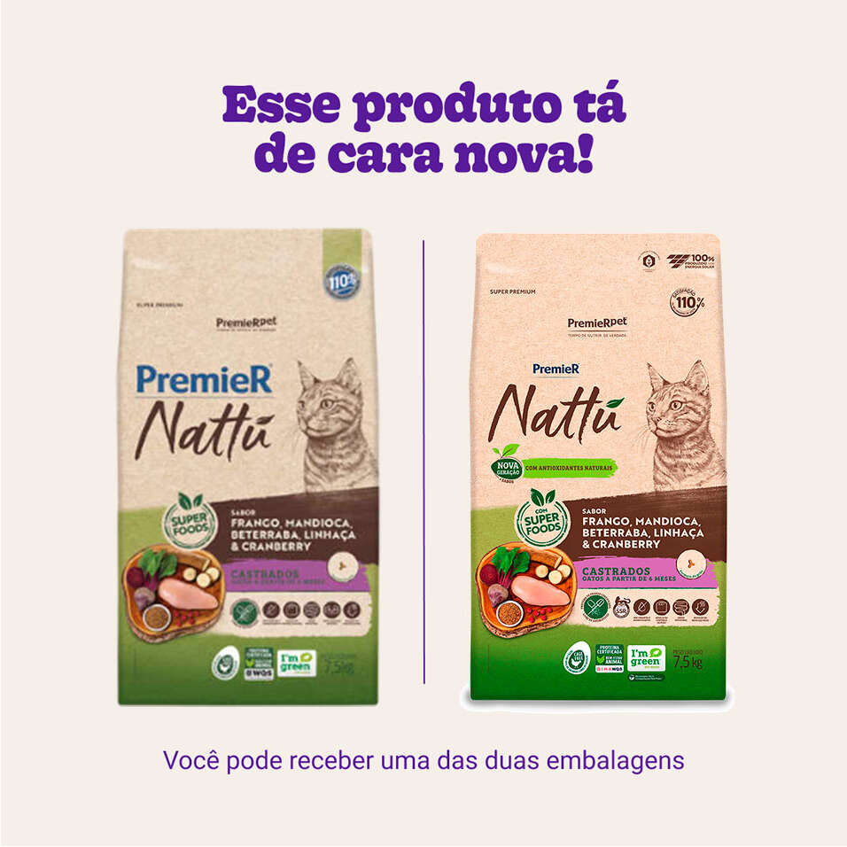 Ração Seca PremieR Nattú Mandioca para Gatos Castrados - 7,5Kg
