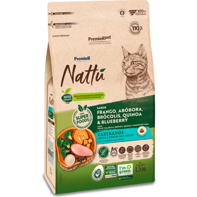 Ração Seca PremieR Nattú Abóbora para Gatos Castrados