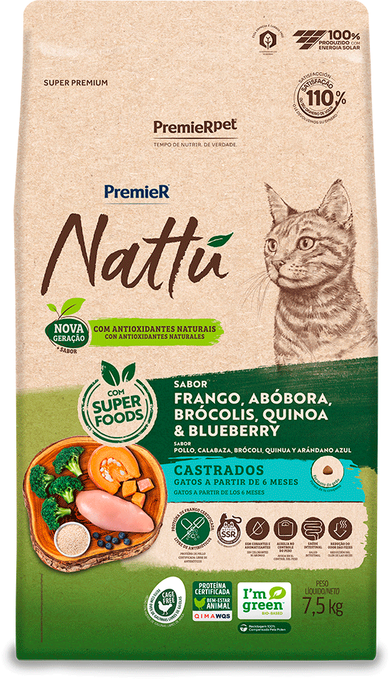 Ração Seca PremieR Nattú Abóbora para Gatos Castrados - 7,5Kg
