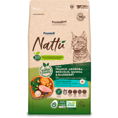 Ração Seca PremieR Nattú Abóbora para Gatos Castrados
