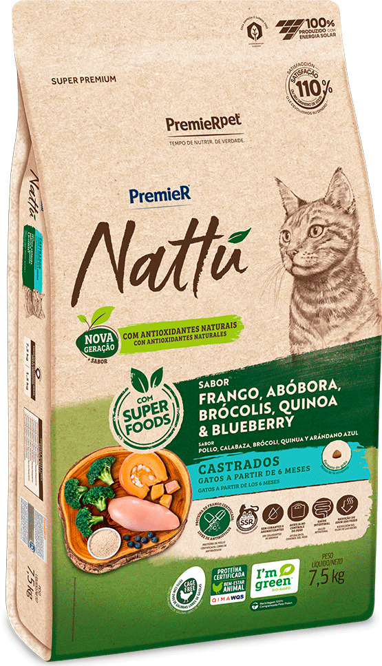 Ração Seca PremieR Nattú Abóbora para Gatos Castrados - 7,5Kg
