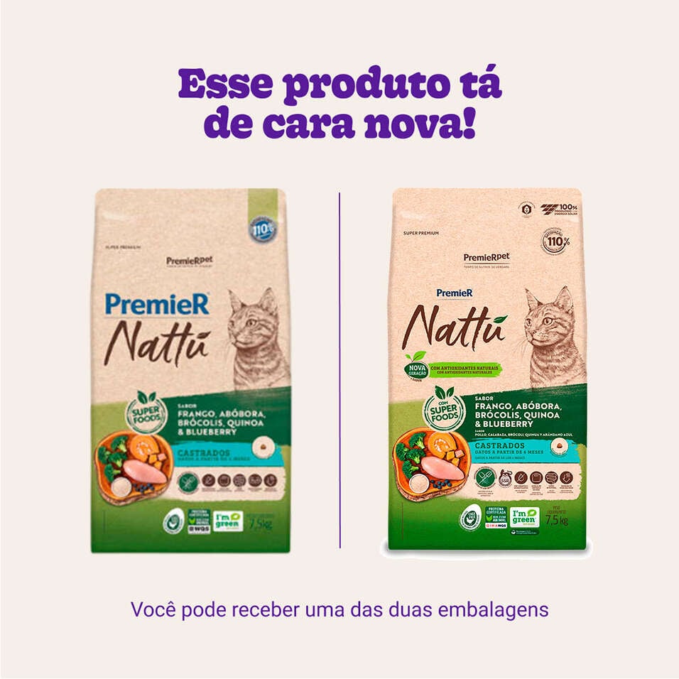 Ração Seca PremieR Nattú Abóbora para Gatos Castrados - 7,5Kg