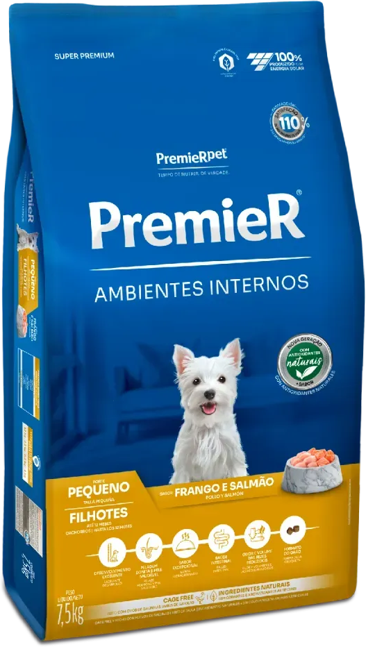 Ração Premier Pet Ambientes Internos Cães Filhotes Frango e Salmão - 7,5Kg