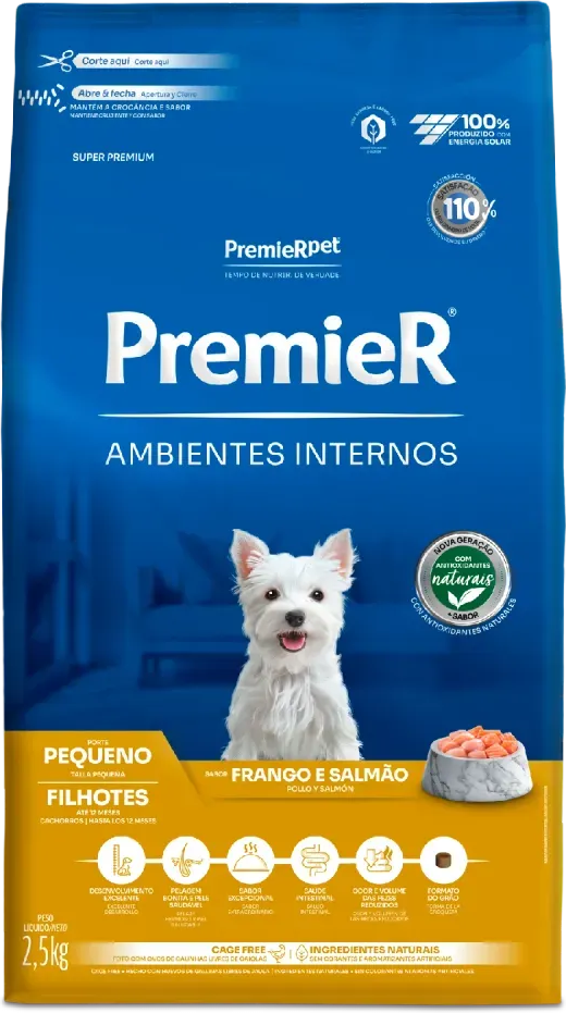 Ração Premier Pet Ambientes Internos Cães Filhotes Frango e Salmão - 2,5Kg