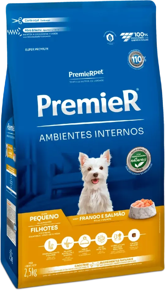 Ração Premier Pet Ambientes Internos Cães Filhotes Frango e Salmão - 2,5Kg