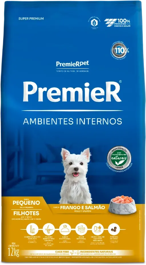 Ração Premier Pet Ambientes Internos Cães Filhotes Frango e Salmão - 12Kg