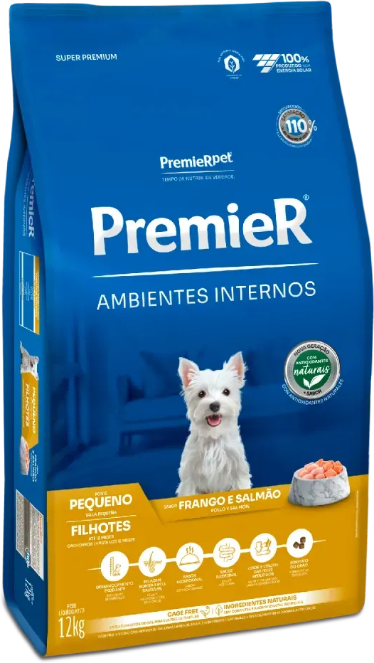 Ração Premier Pet Ambientes Internos Cães Filhotes Frango e Salmão - 12Kg