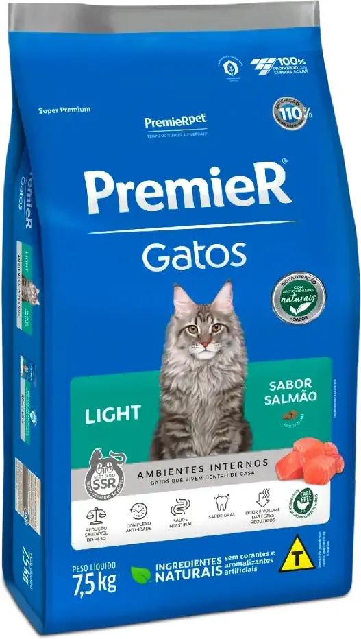 Ração Premier Pet Gatos Ambientes Internos Light Adultos Salmão - 7,5Kg