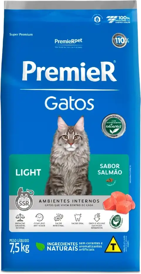 Ração Premier Pet Gatos Ambientes Internos Light Adultos Salmão - 7,5Kg