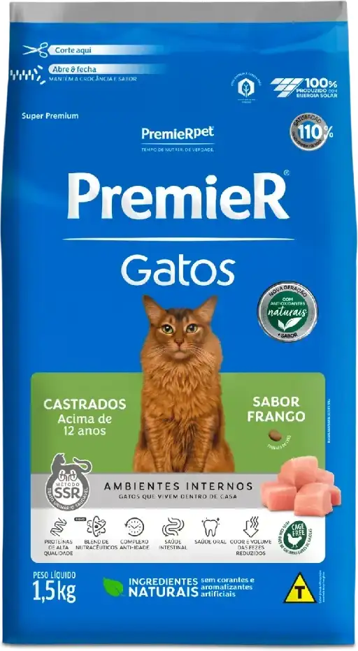 Ração Premier Pet Ambientes Internos Gatos Castrados Acima de 12 Anos Frango - 1,5Kg
