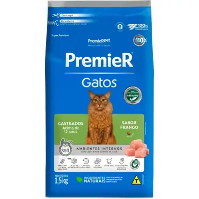 Ração Premier Pet Ambientes Internos Gatos Castrados Frango Acima de 12 Anos