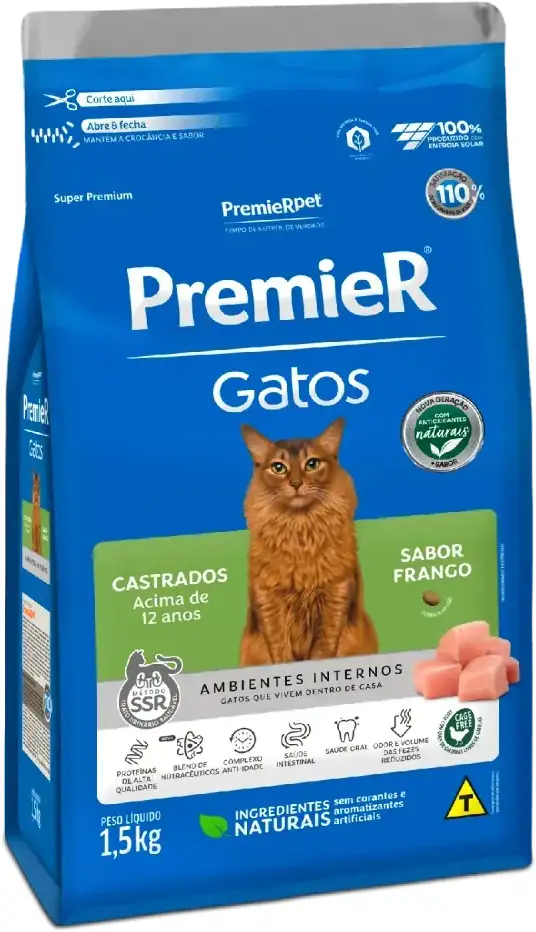 Ração Premier Pet Ambientes Internos Gatos Castrados Acima de 12 Anos Frango - 1,5Kg