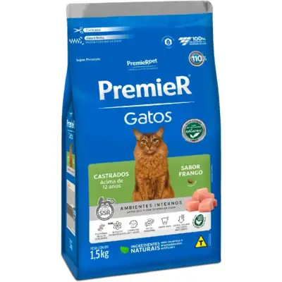 Ração Premier Pet Ambientes Internos Gatos Castrados Frango Acima de 12 Anos