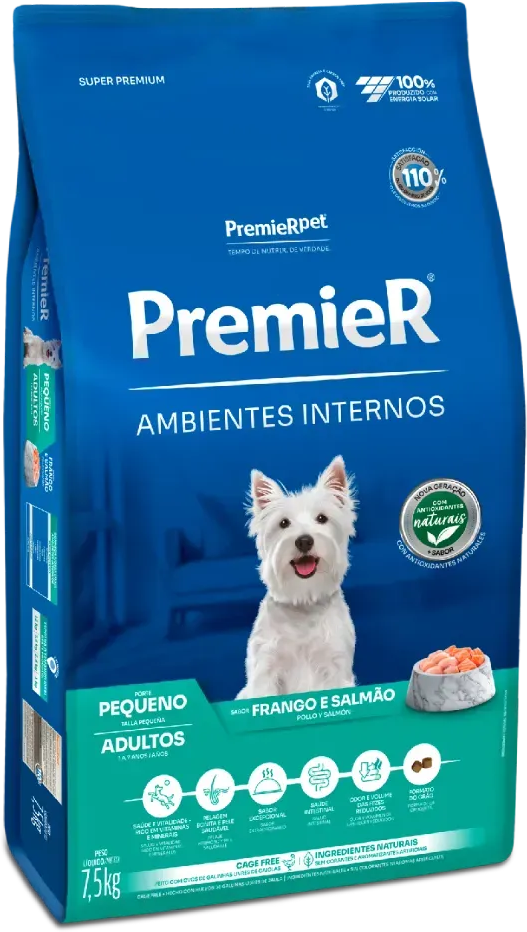 Ração Premier Pet Ambientes Internos Cães Adultos Frango e Salmão - 7,5Kg