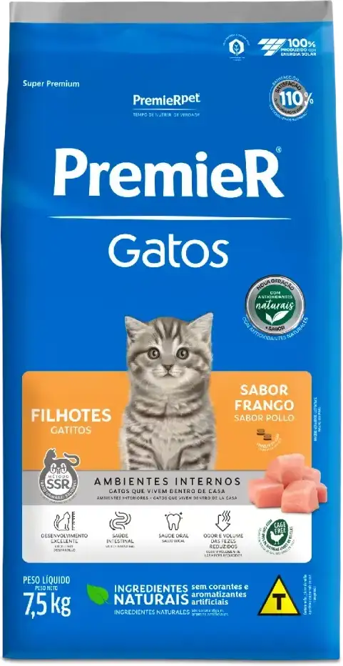 Ração Premier Pet Ambientes Internos Gatos Filhotes Frango - 7,5Kg