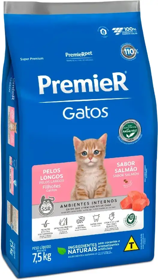 Ração Premier Pet Ambientes Internos Gatos Filhotes Pelos Longos Salmão - 7,5Kg