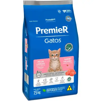 Ração Premier Pet Ambientes Internos Gatos Filhotes Pelos Longos Salmão