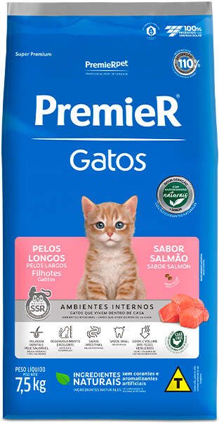 Ração Premier Pet Ambientes Internos Gatos Filhotes Pelos Longos Salmão - 7,5Kg