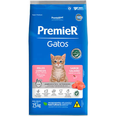 Ração Premier Pet Ambientes Internos Gatos Filhotes Pelos Longos Salmão