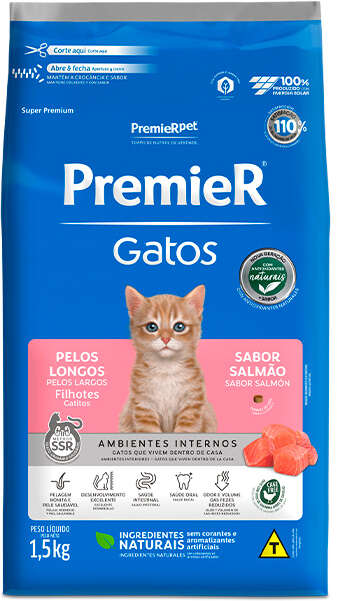 Ração Premier Pet Ambientes Internos Gatos Filhotes Pelos Longos Salmão - 1,5Kg